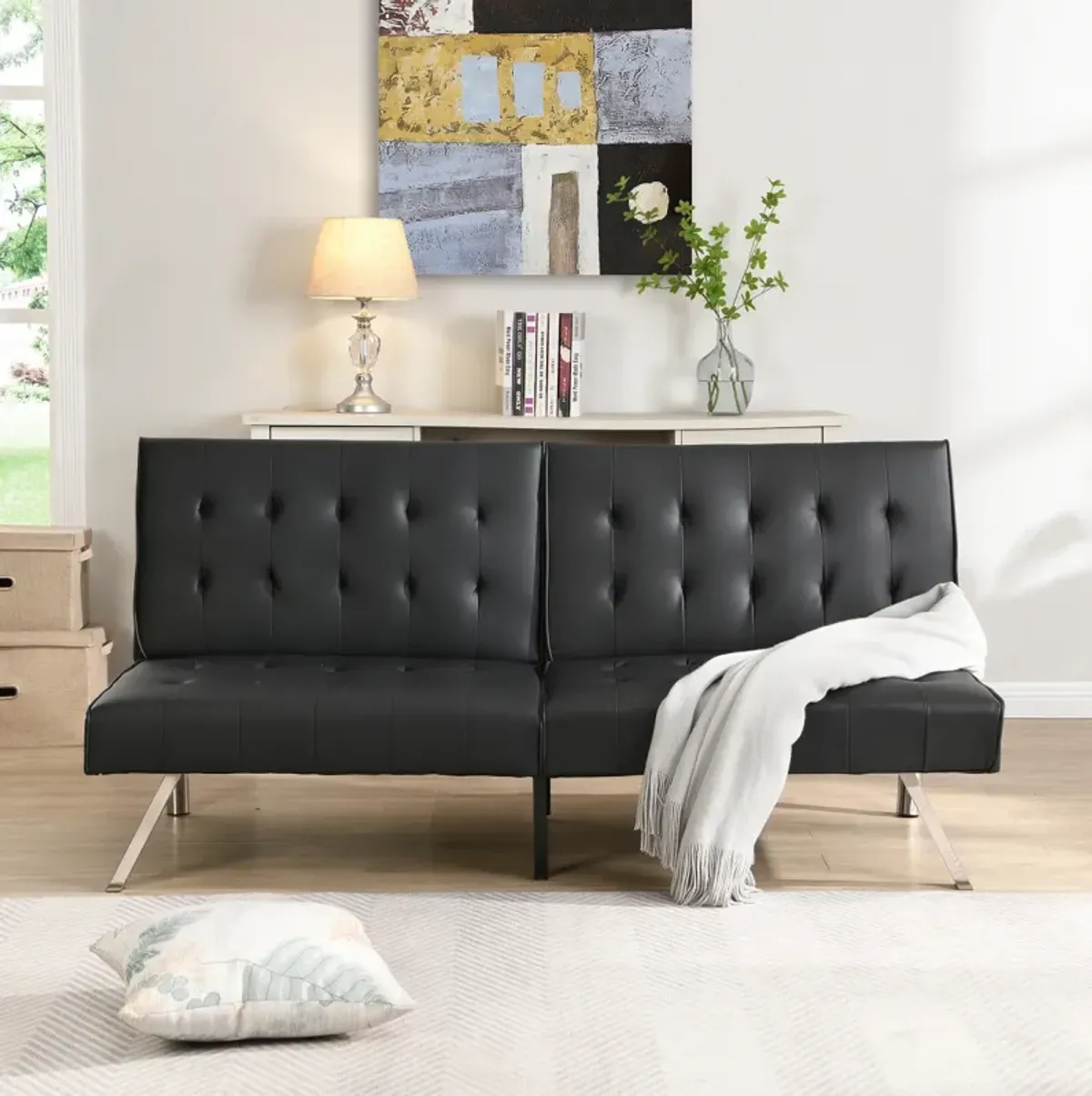 Wood Frame, Stainless Leg, Futon, Sofa Bed Black PVC