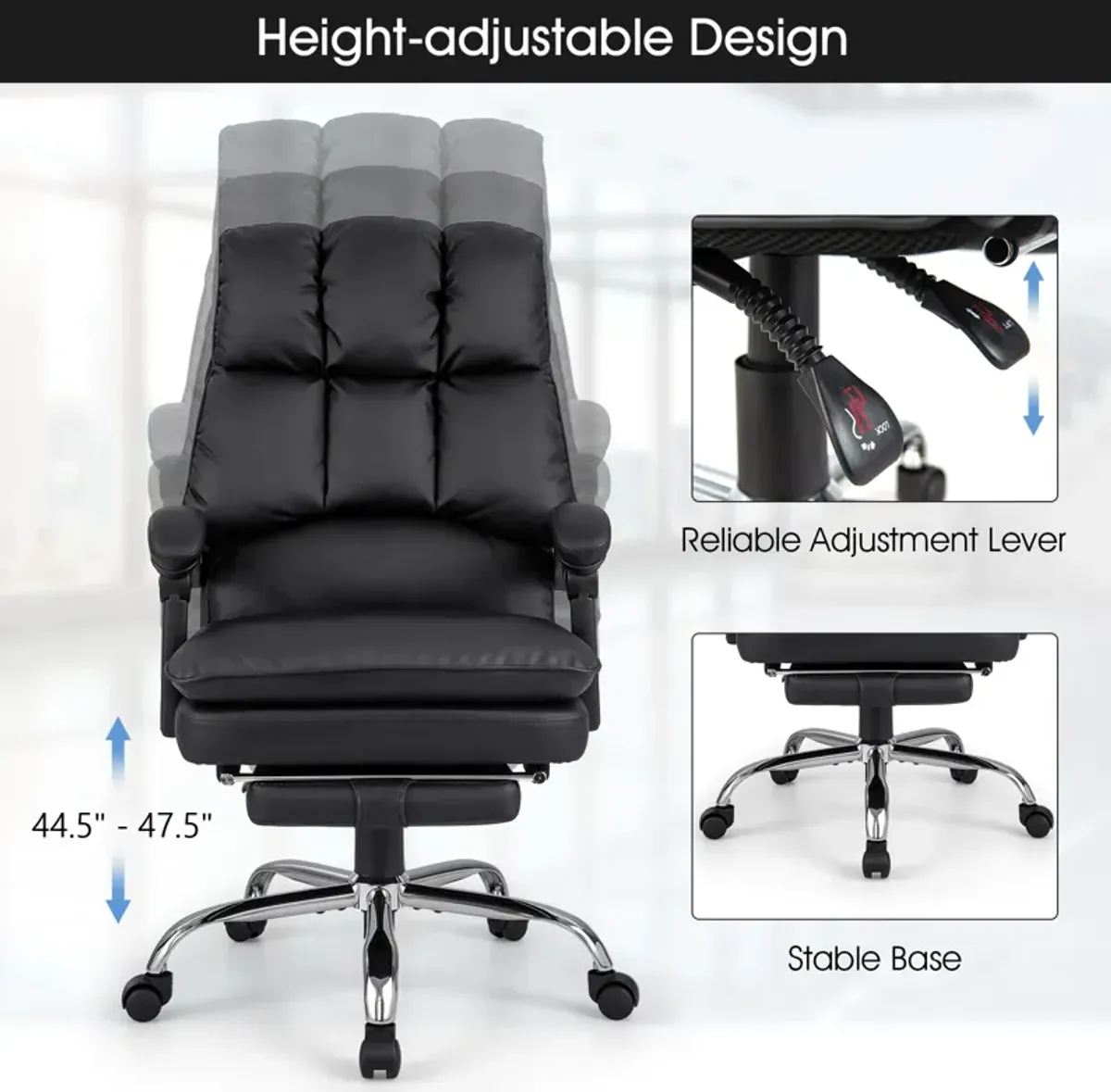 Ergonomic Adjustable Swivel Office Chair with Retractable Footrest-Black