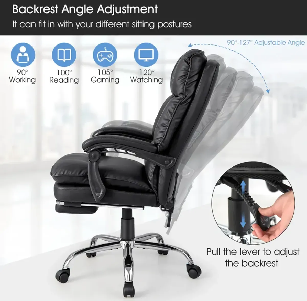 Ergonomic Adjustable Swivel Office Chair with Retractable Footrest-Black