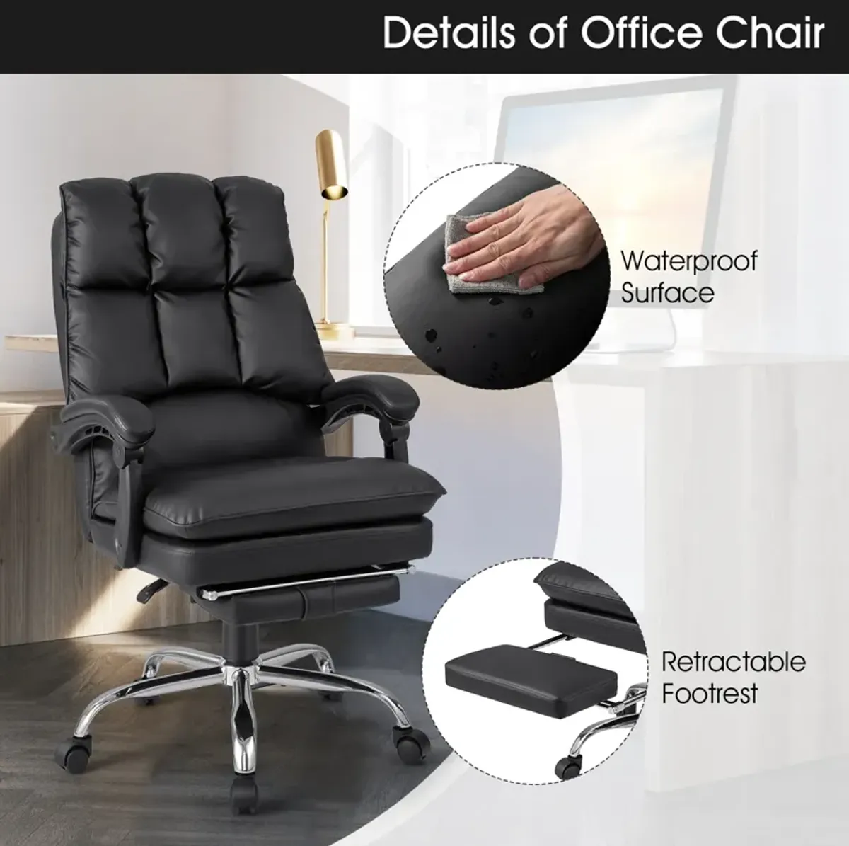 Ergonomic Adjustable Swivel Office Chair with Retractable Footrest-Black