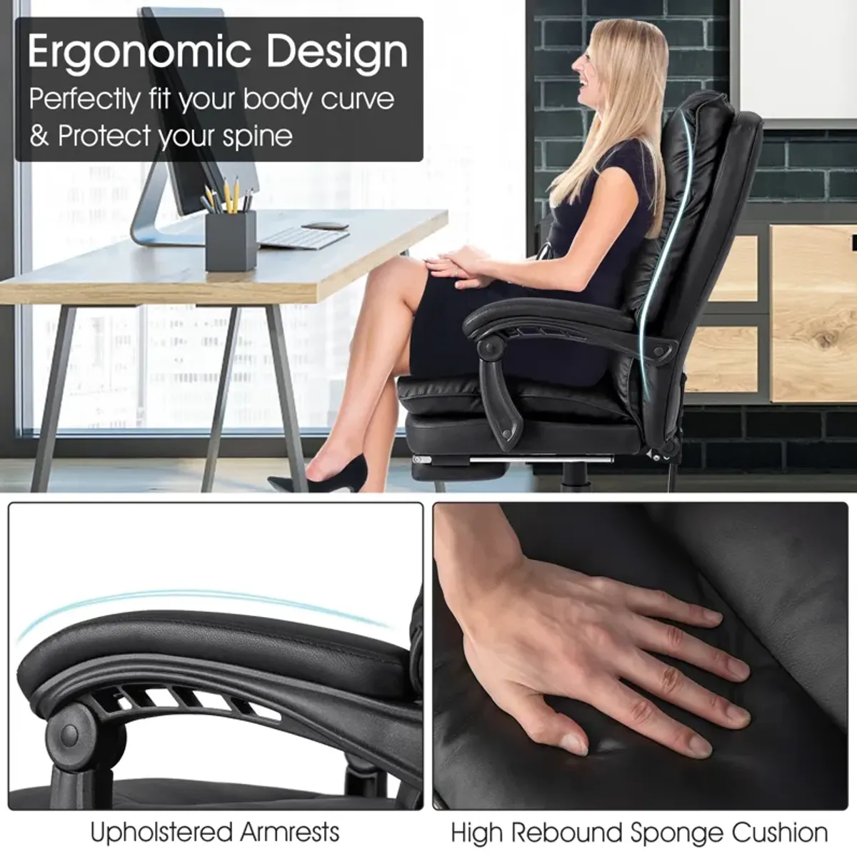 Ergonomic Adjustable Swivel Office Chair with Retractable Footrest-Black