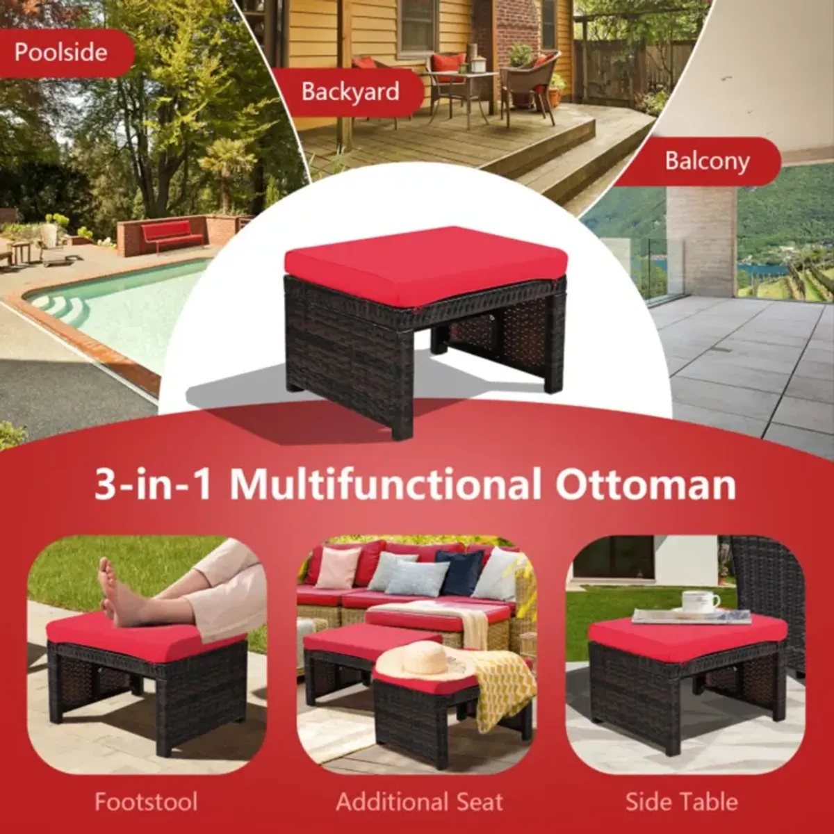 Hivvago 2 Pieces Patio Rattan Ottomans with Soft Cushion for Patio and Garden