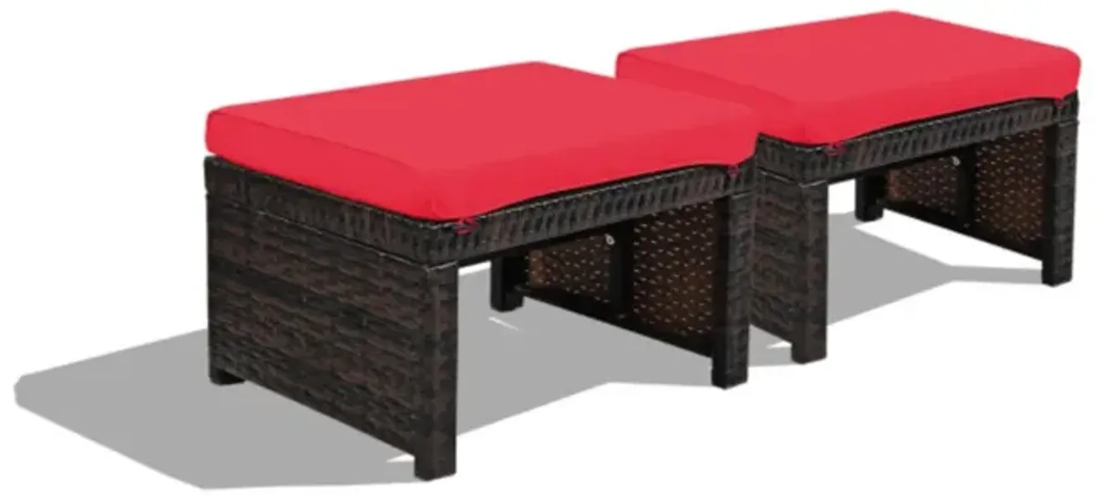 Hivvago 2 Pieces Patio Rattan Ottomans with Soft Cushion for Patio and Garden