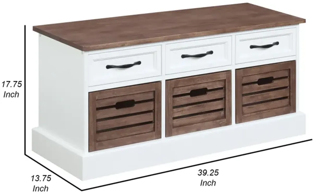 39 Inch Modern Storage Bench, 3 Drawers, Bar Handles, Wood, White, Brown-Benzara