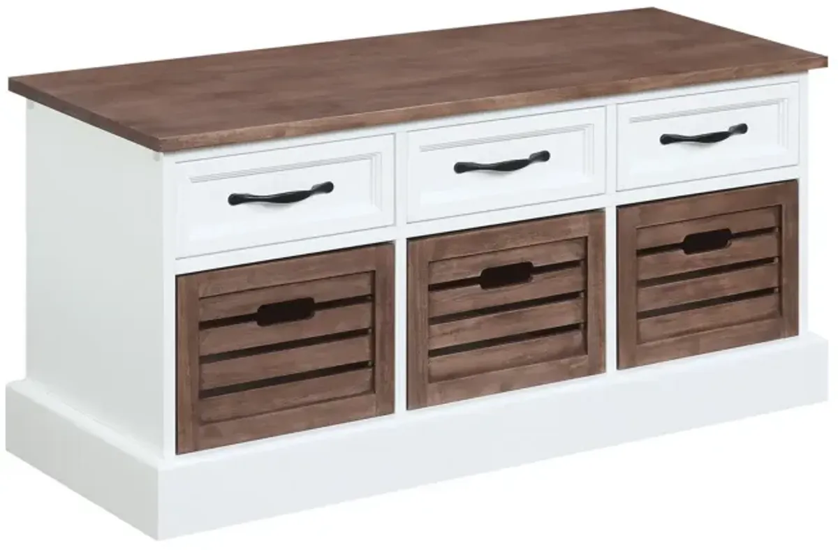 39 Inch Modern Storage Bench, 3 Drawers, Bar Handles, Wood, White, Brown-Benzara