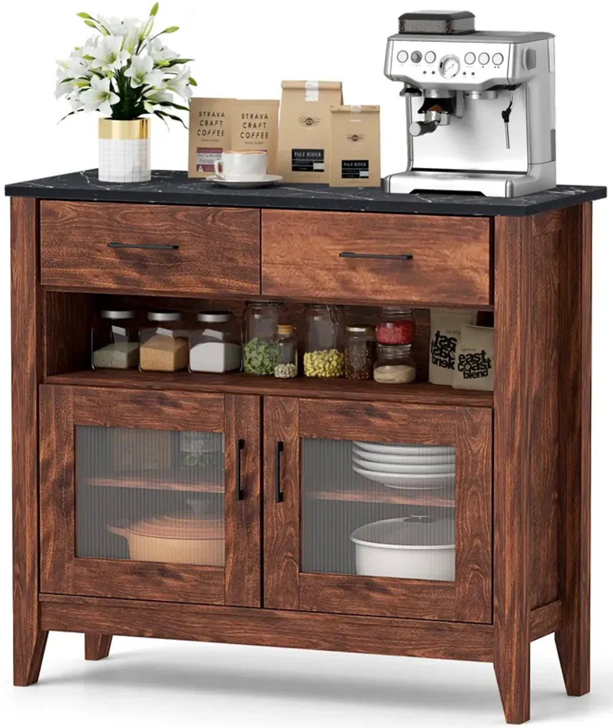 Coffee Bar Storage Cabinet with Open Shelf and Dual Drawers – Compact Sideboard