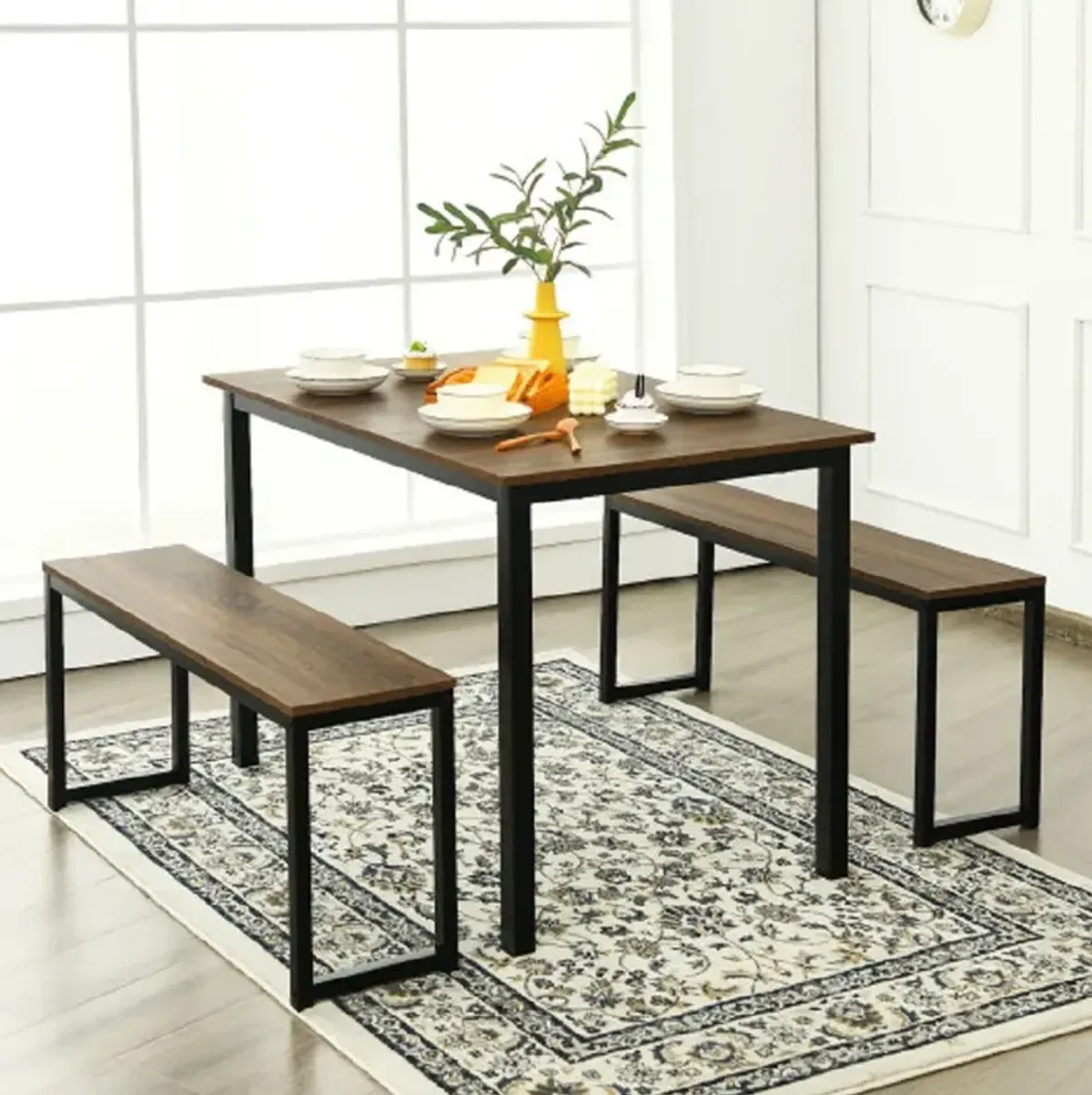 3 Pieces Kitchen Dining Table Set with 2 Benches for Limited Space -Natural