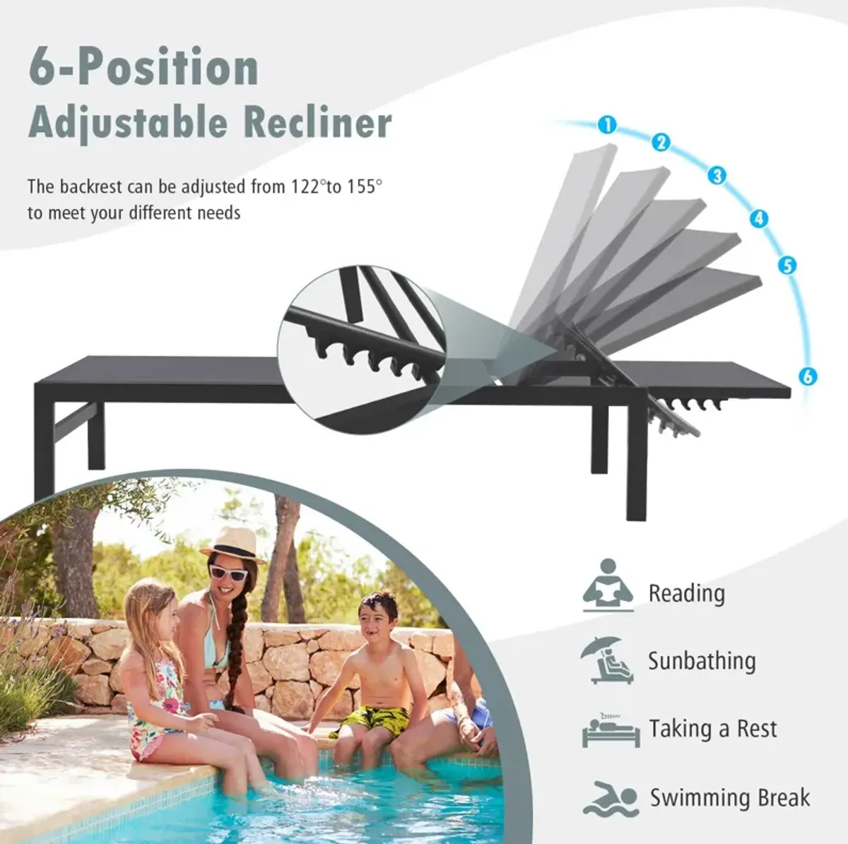 6-Position Chaise Lounge Chairs with Rustproof Aluminium Frame