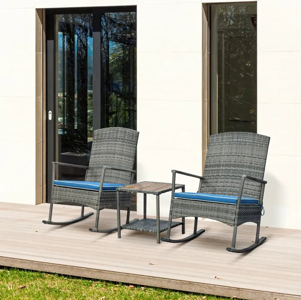 Blue Porch Ensemble: 3-Piece PE Rattan Rocking Chair Set