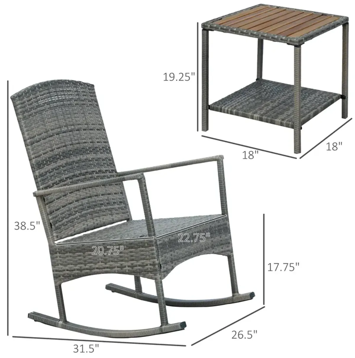 Blue Porch Ensemble: 3-Piece PE Rattan Rocking Chair Set