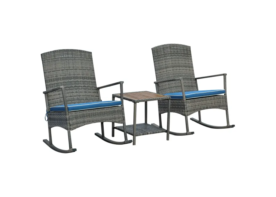 Blue Porch Ensemble: 3-Piece PE Rattan Rocking Chair Set