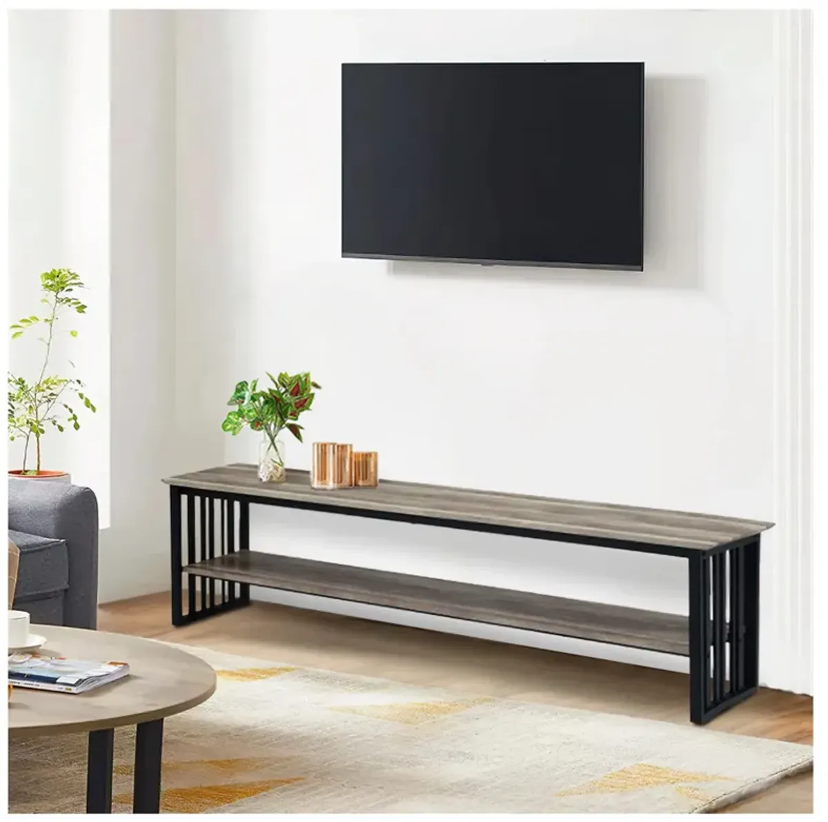 Nori 70 Inch TV Media Entertainment Console, Metal Base, Oak Brown, Black - Benzara