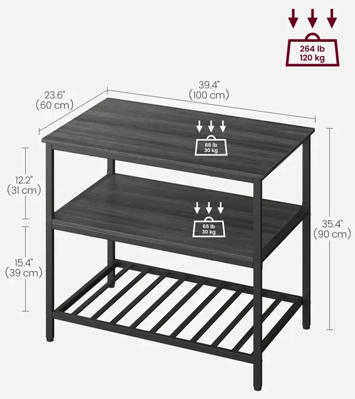 Kitchen Island with 3 Shelves & Large Worktop