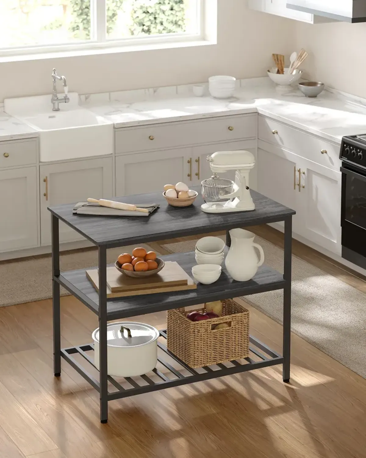 Kitchen Island with 3 Shelves & Large Worktop