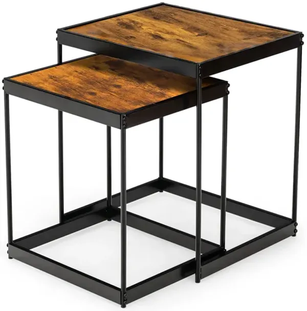 Set of 2 Modern Nesting End Tables with Metal Legs for Living Room-Rustic Brown