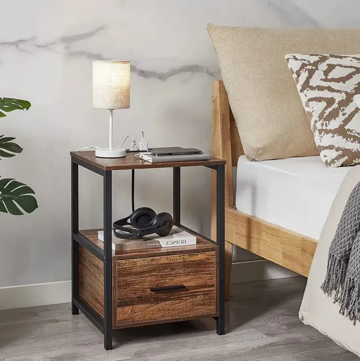 Contemporary Metal-Wood Nightstand with Storage Shelf & USB Outlets