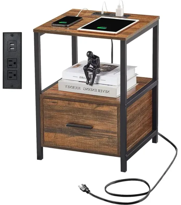 Contemporary Metal-Wood Nightstand with Storage Shelf & USB Outlets