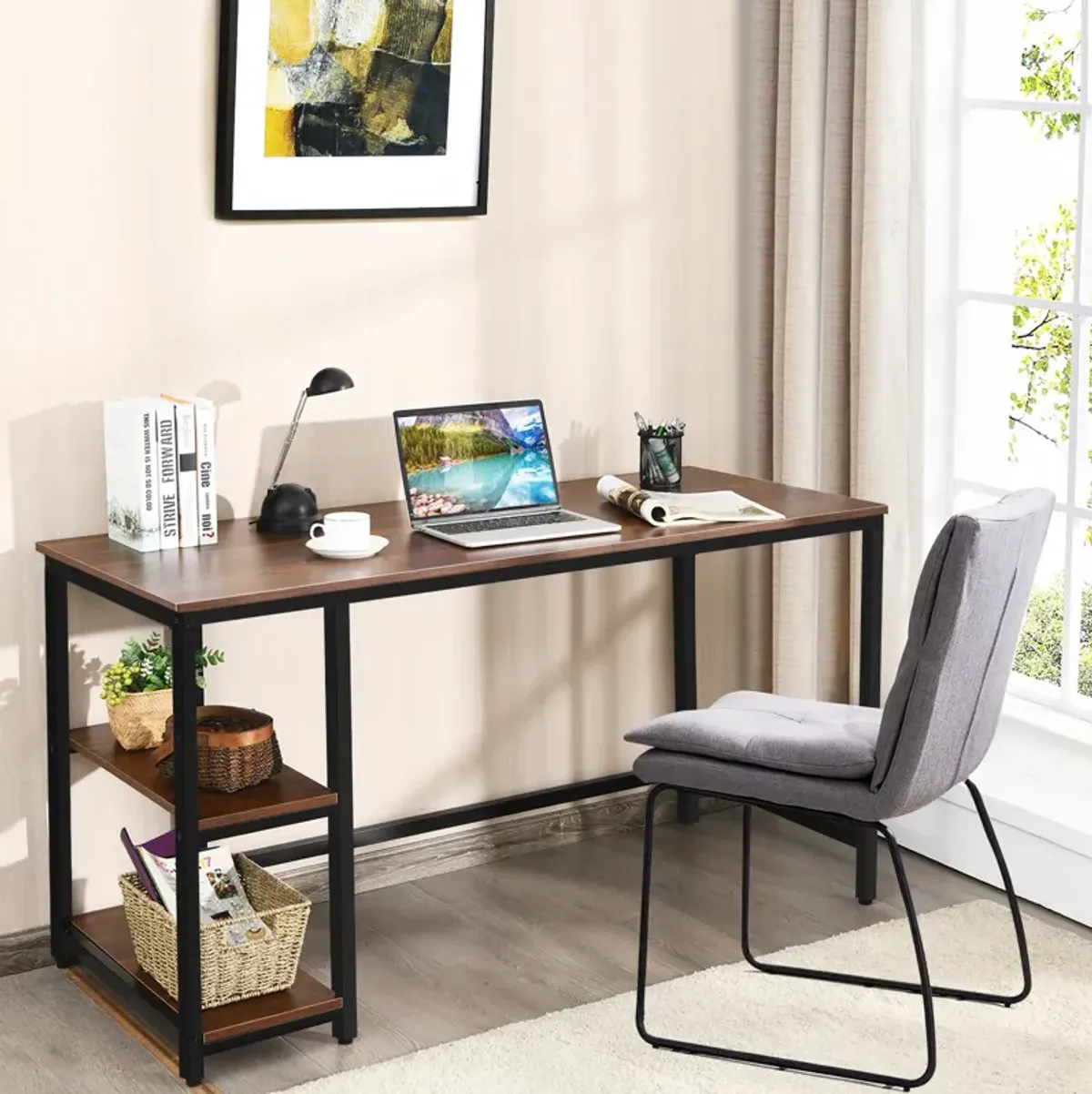 Computer Desk Office Study Table Workstation Home with Adjustable Shelf Coffee