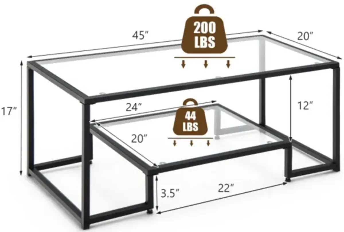 Hivvago Modern 2-Tier Rectangular Coffee Table with Glass Table Top-Black