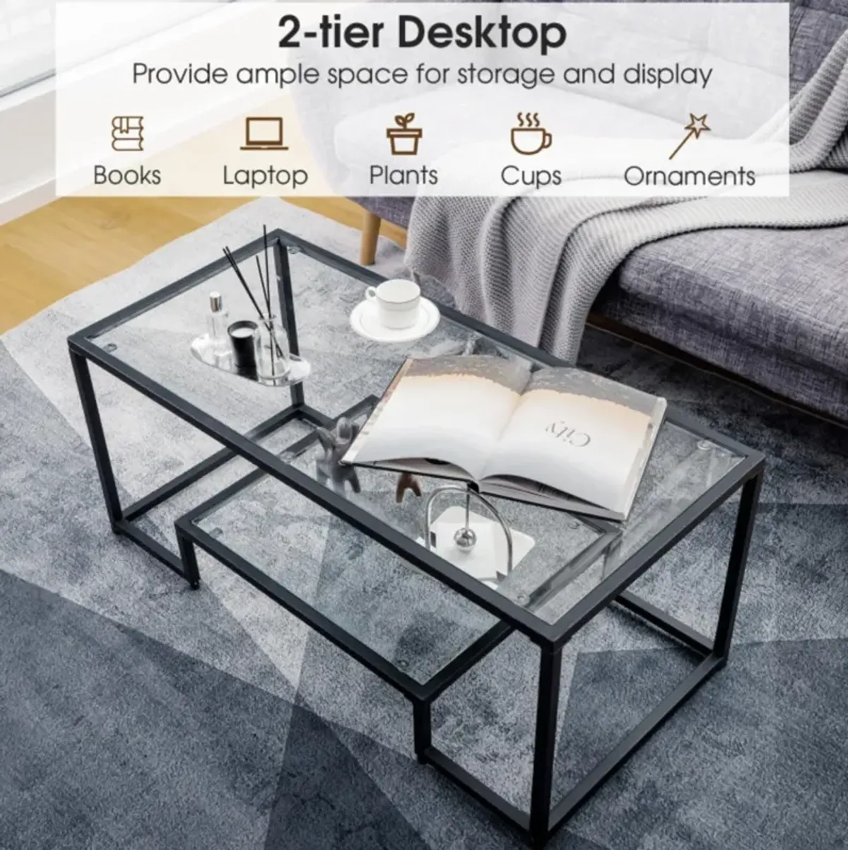 Hivvago Modern 2-Tier Rectangular Coffee Table with Glass Table Top-Black