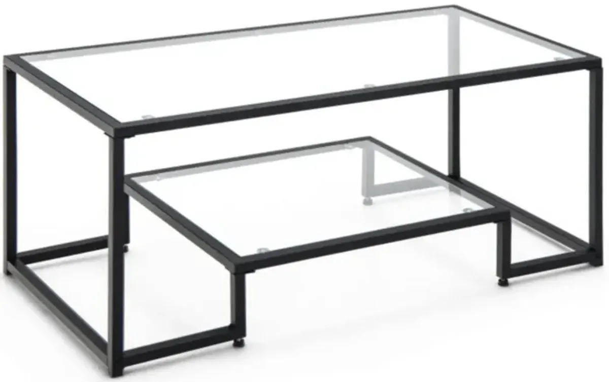 Hivvago Modern 2-Tier Rectangular Coffee Table with Glass Table Top-Black