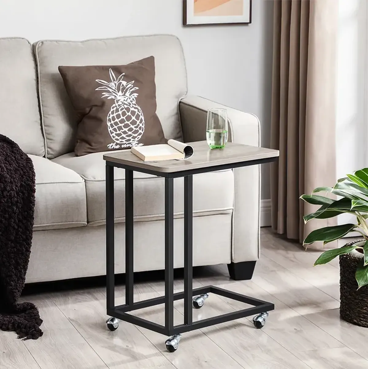 Rolling C-Shaped End Table with Metal Frame for Living Room or Bedroom