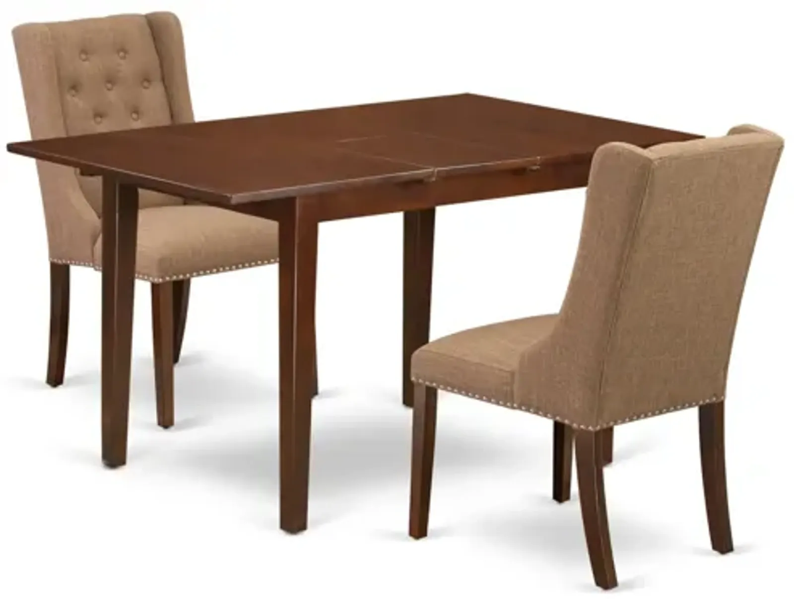 East West Furniture East West Furniture PSFO3-MAH-47 3-Piece Dining Table Set Includes 1 Picasso Butterfly Leaf Kitchen Dining Table and 2 Light Sable Linen Fabric Dining Chair with Button Tufted Back - Mahogany Finish