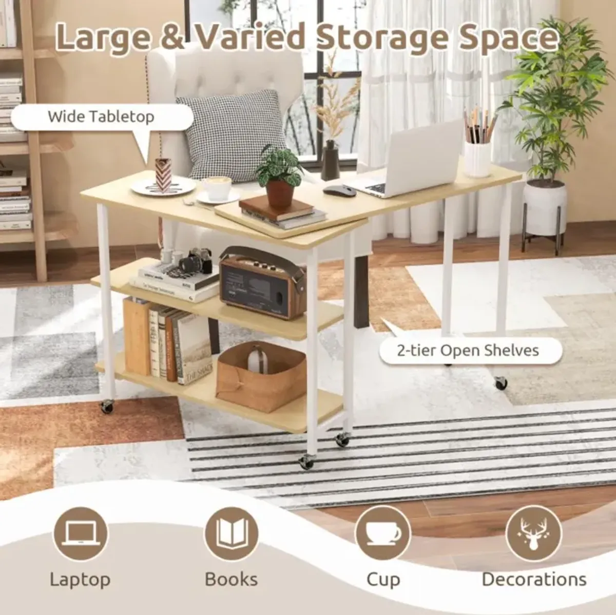 Hivvago 360Â° Rotating Sofa Side Table with 2-Tier Storage Shelves