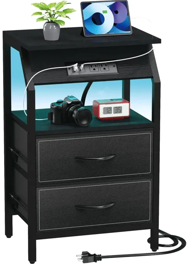 SZLHANJZ End Table with Light, LED Nightstand with 2 Drawers and Type C Charging Station, Small Fabric Dresser for Bedside, Stor