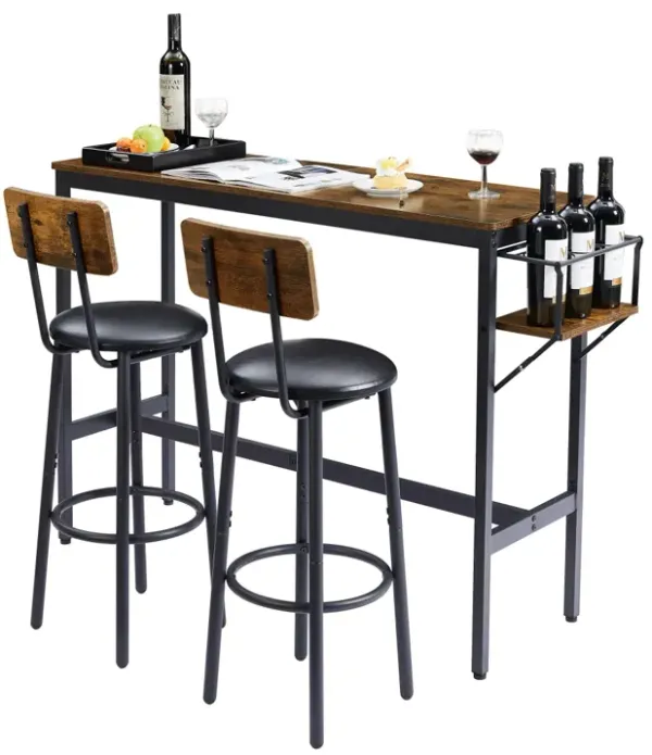 Rustic Brown Bar Table Set with Wine Storage Rack