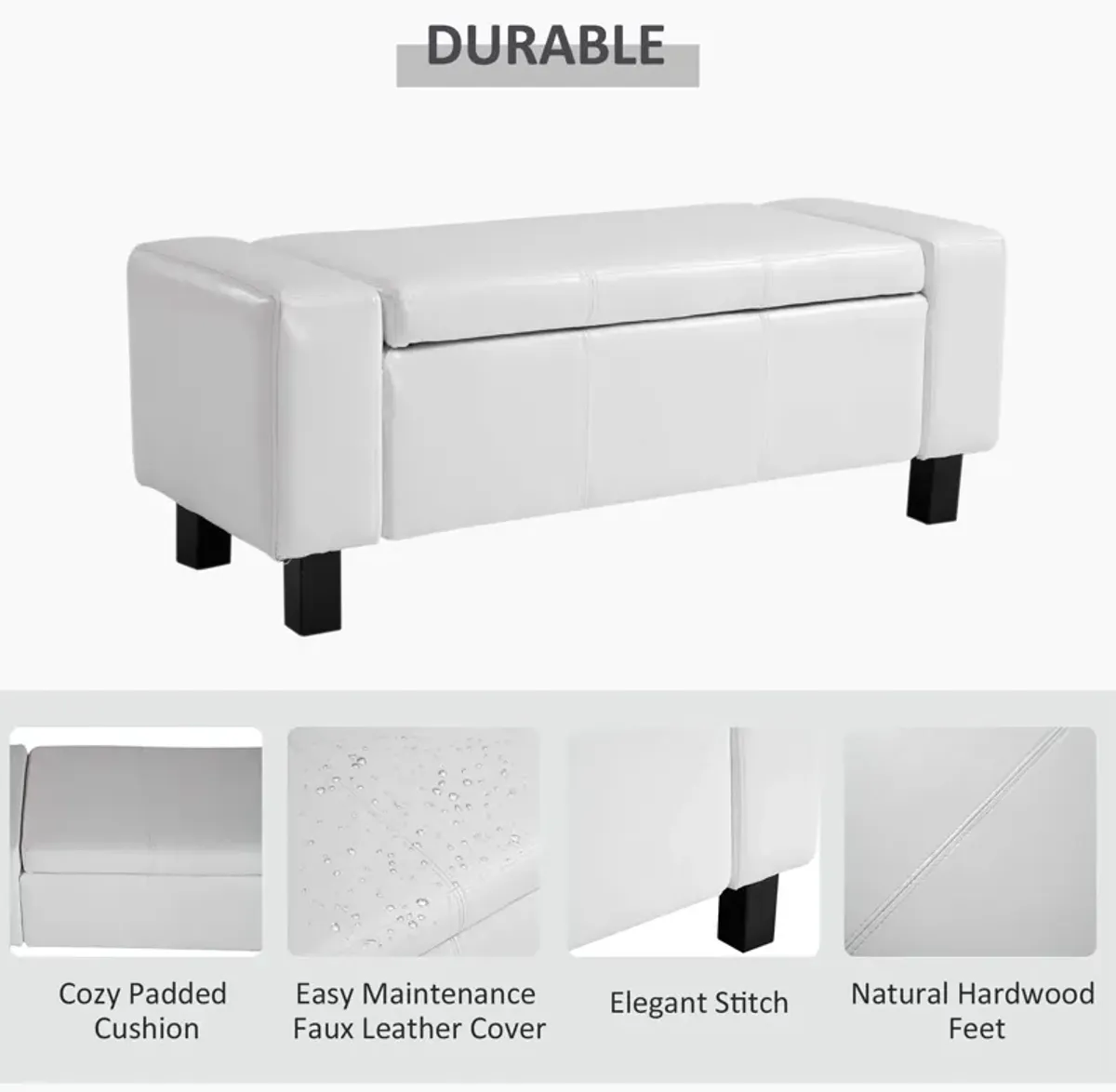 Sleek White Storage: 42" Faux Leather Ottoman Bench with Hinged Lid