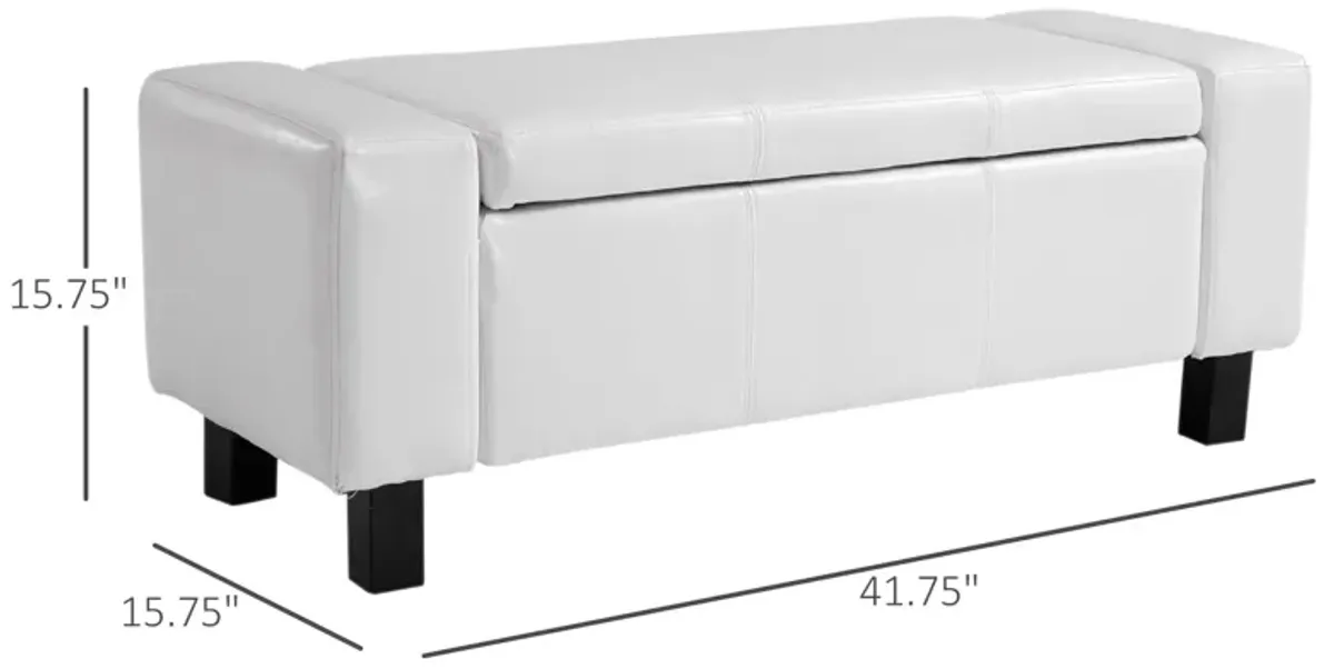 Sleek White Storage: 42" Faux Leather Ottoman Bench with Hinged Lid