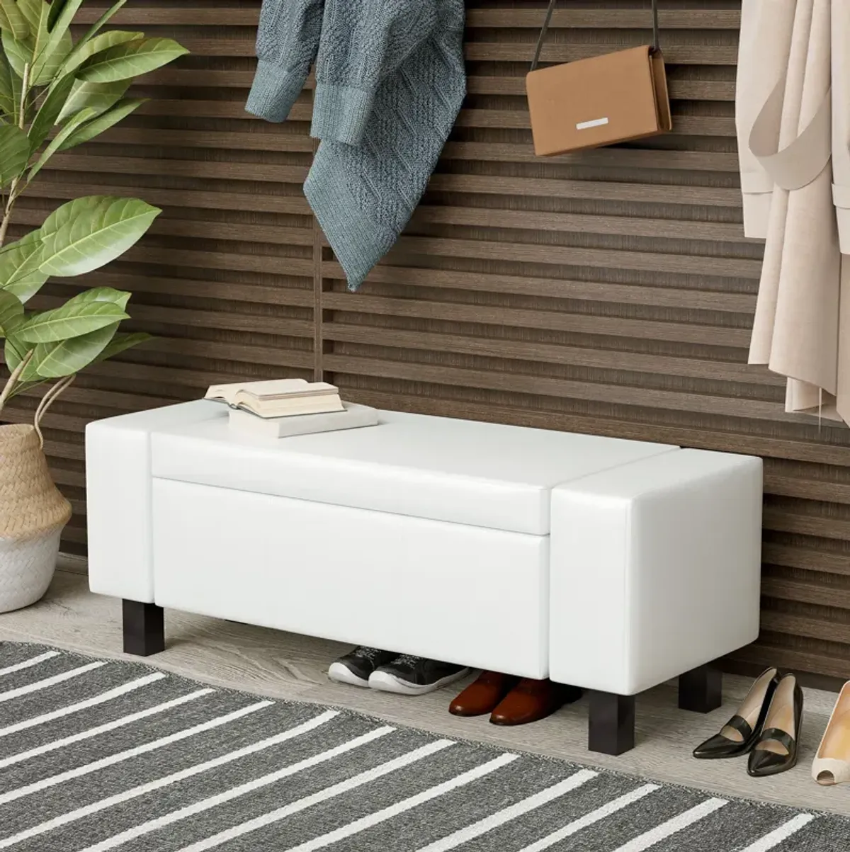 Sleek White Storage: 42" Faux Leather Ottoman Bench with Hinged Lid