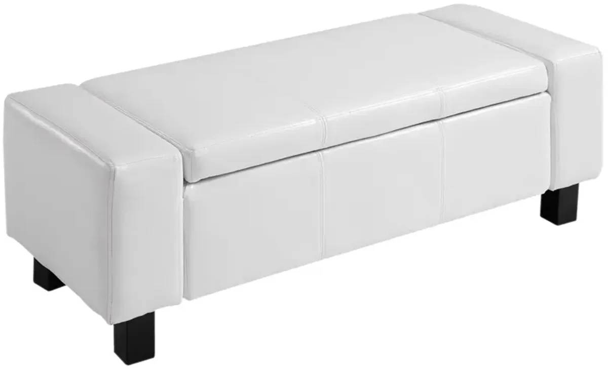 Sleek White Storage: 42" Faux Leather Ottoman Bench with Hinged Lid