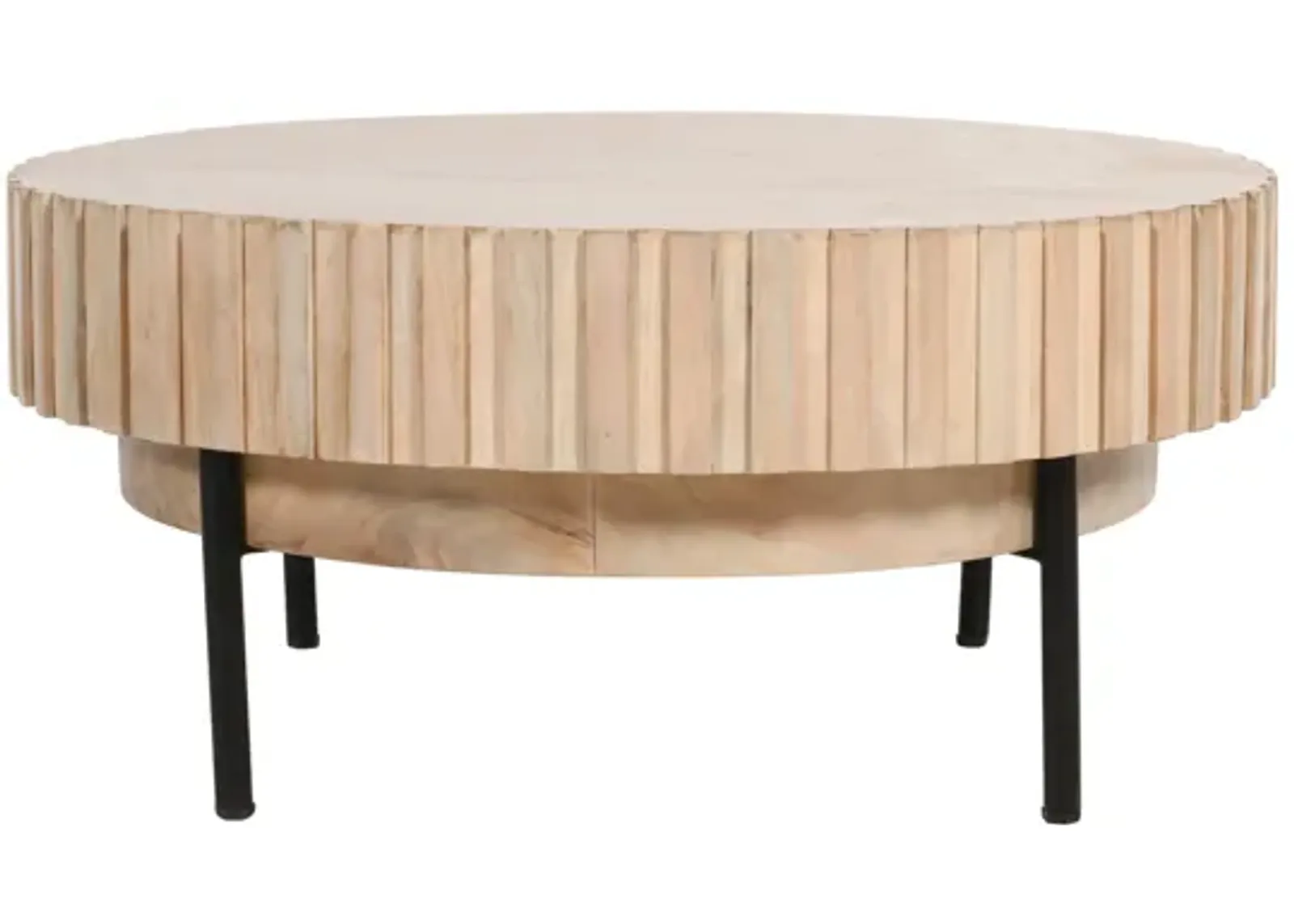 36 Inch Modern Handcrafted Round Coffee Table, Oak White Wood Top with Grooved Edges, Black Iron Legs-Benzara