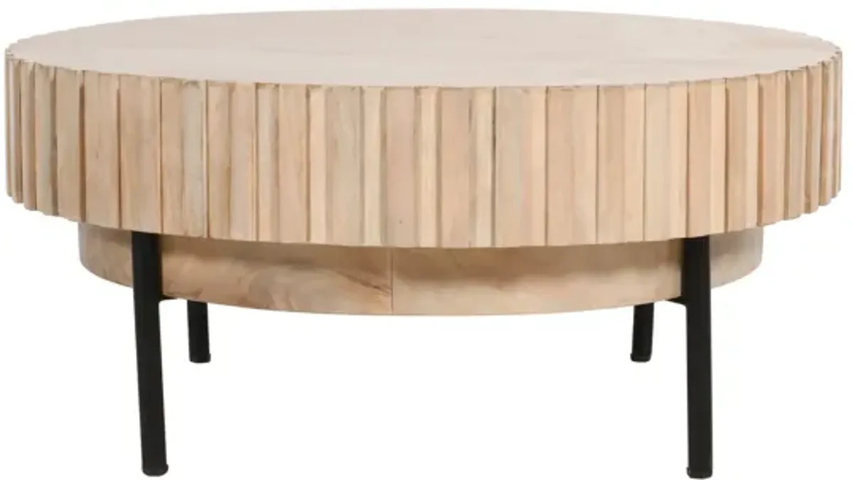 36 Inch Modern Handcrafted Round Coffee Table, Oak White Wood Top with Grooved Edges, Black Iron Legs-Benzara