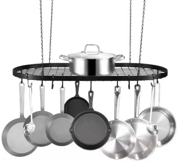 Heavy-Duty Ceiling Pot Rack Oval Hanging Shelf with 12 Hooks for Kitchen Organization