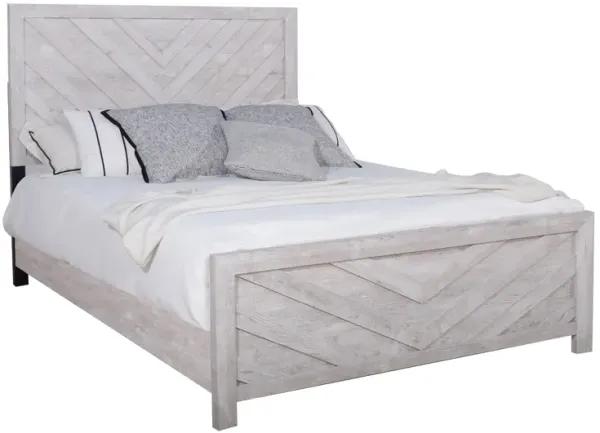 Bisca King Size Bed, Retro Chevron Pattern Panel Headboard, Gray Wood - Benzara