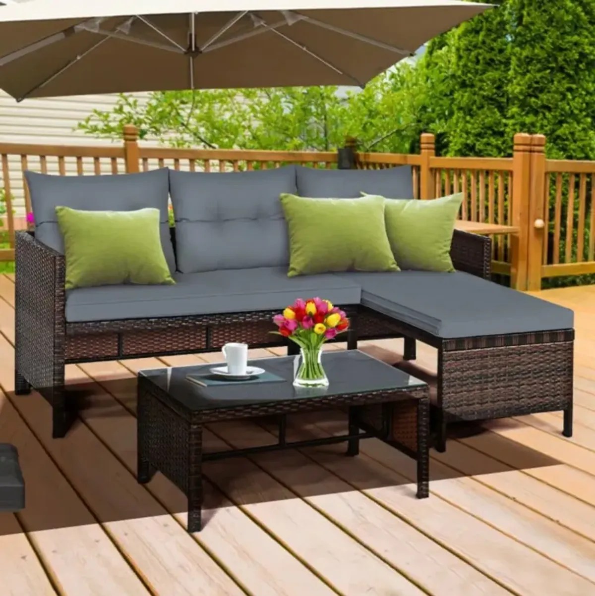 Hivvago 3 Pieces Outdoor Patio Corner Rattan Sofa Set