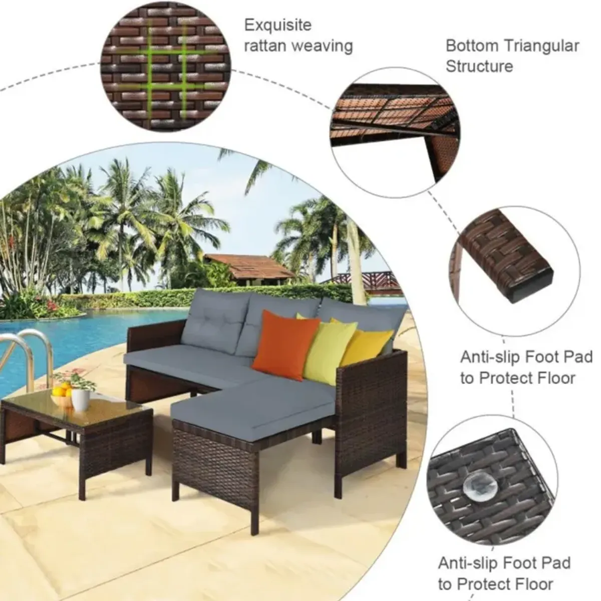 Hivvago 3 Pieces Outdoor Patio Corner Rattan Sofa Set