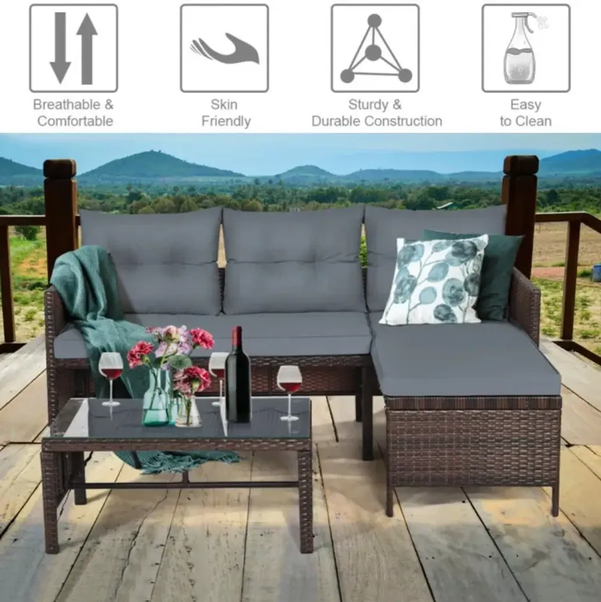 Hivvago 3 Pieces Outdoor Patio Corner Rattan Sofa Set