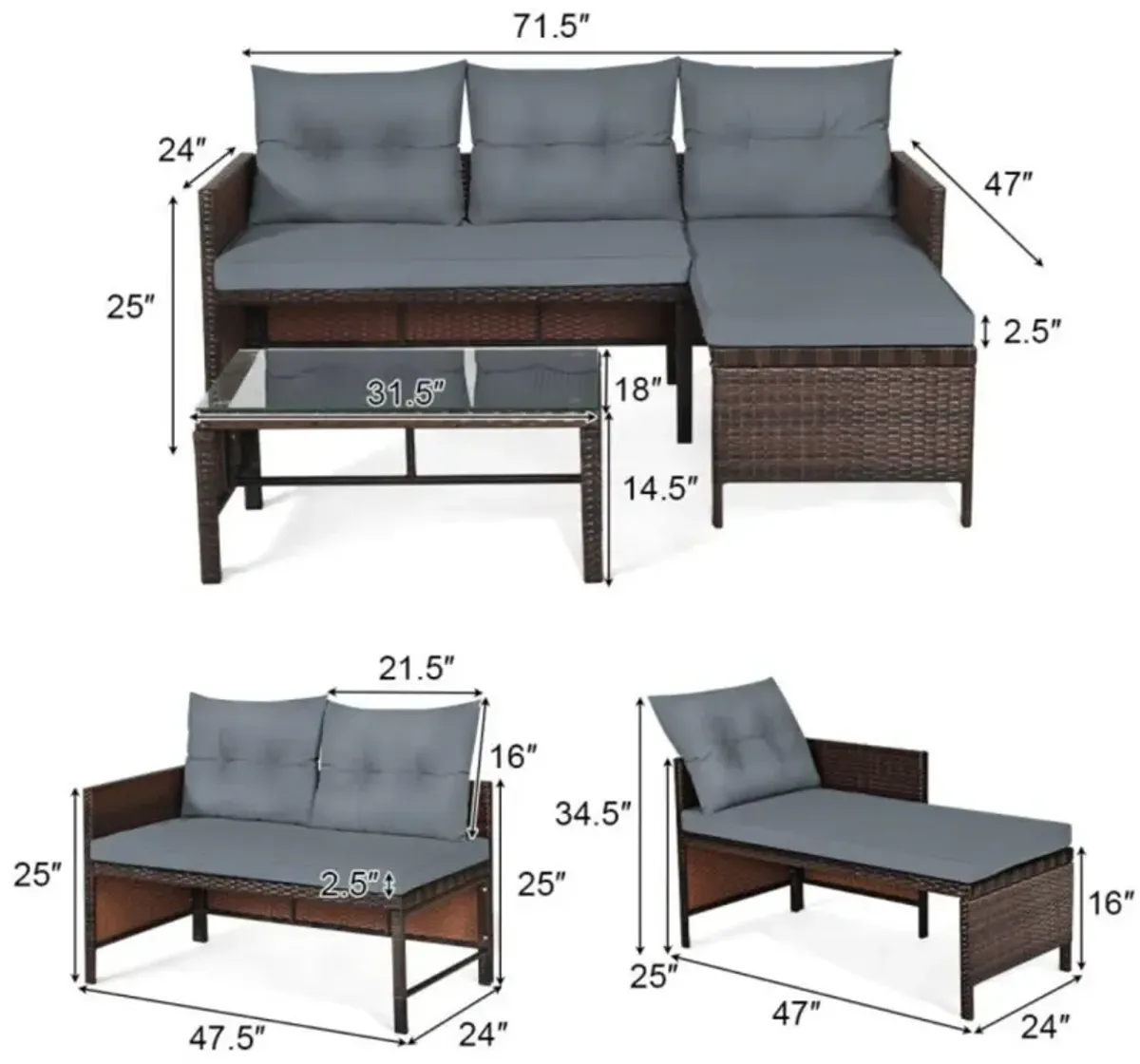 Hivvago 3 Pieces Outdoor Patio Corner Rattan Sofa Set