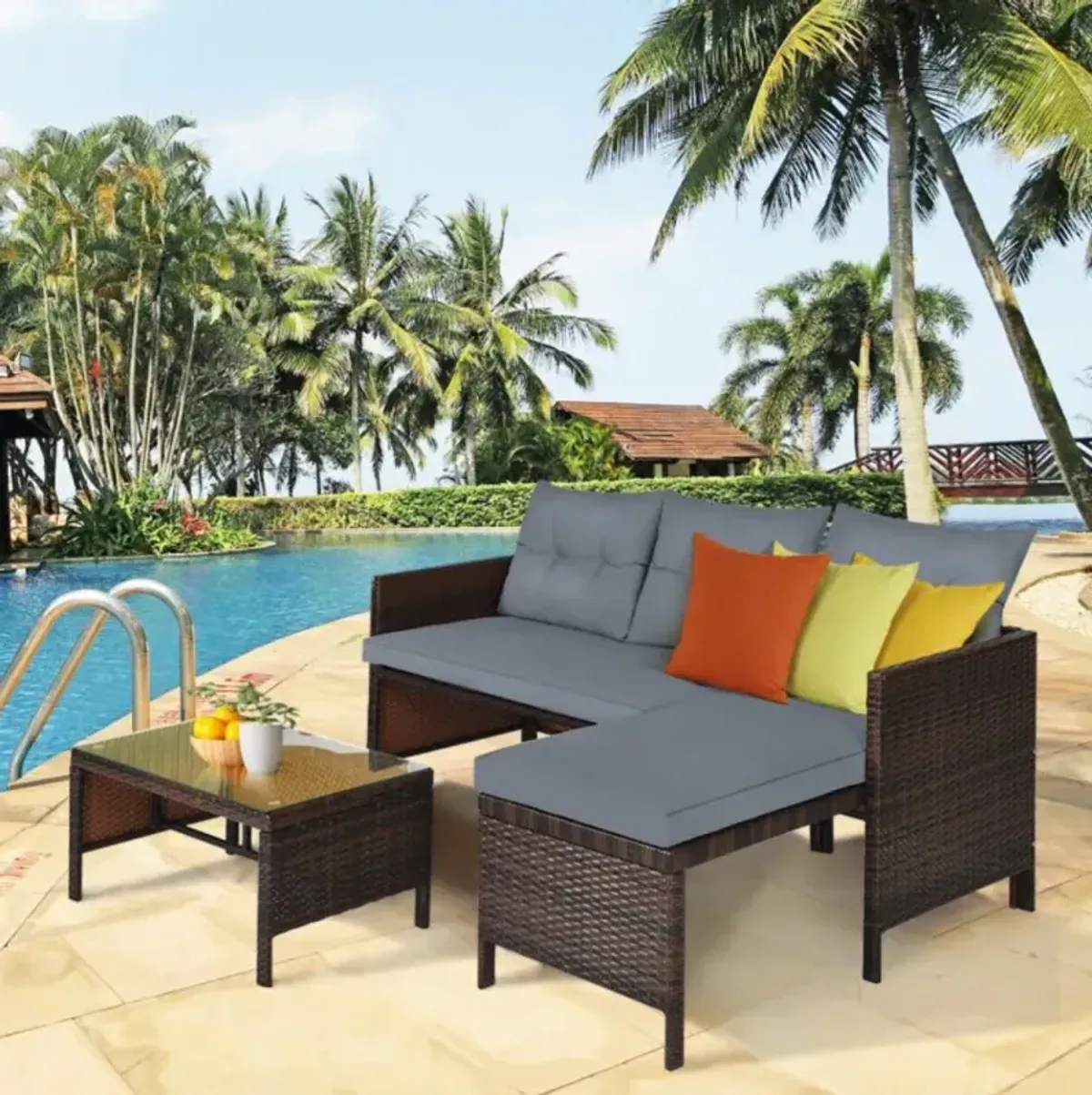 Hivvago 3 Pieces Outdoor Patio Corner Rattan Sofa Set