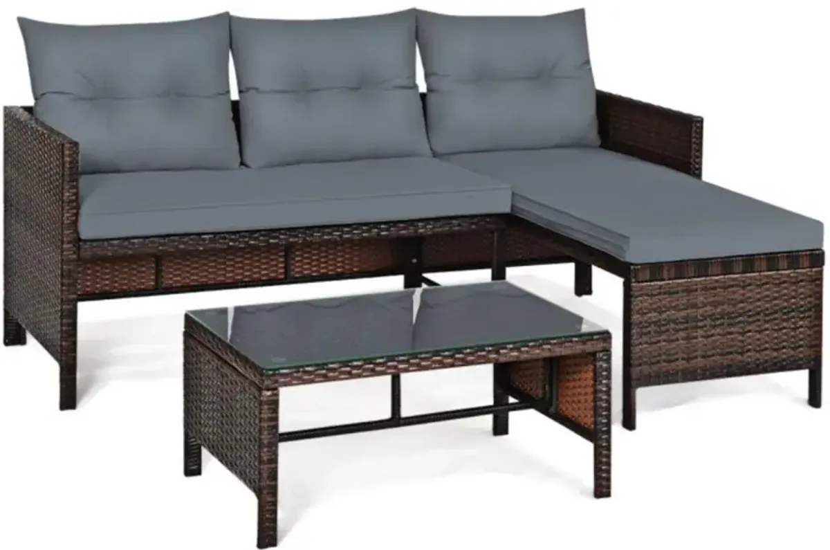 Hivvago 3 Pieces Outdoor Patio Corner Rattan Sofa Set