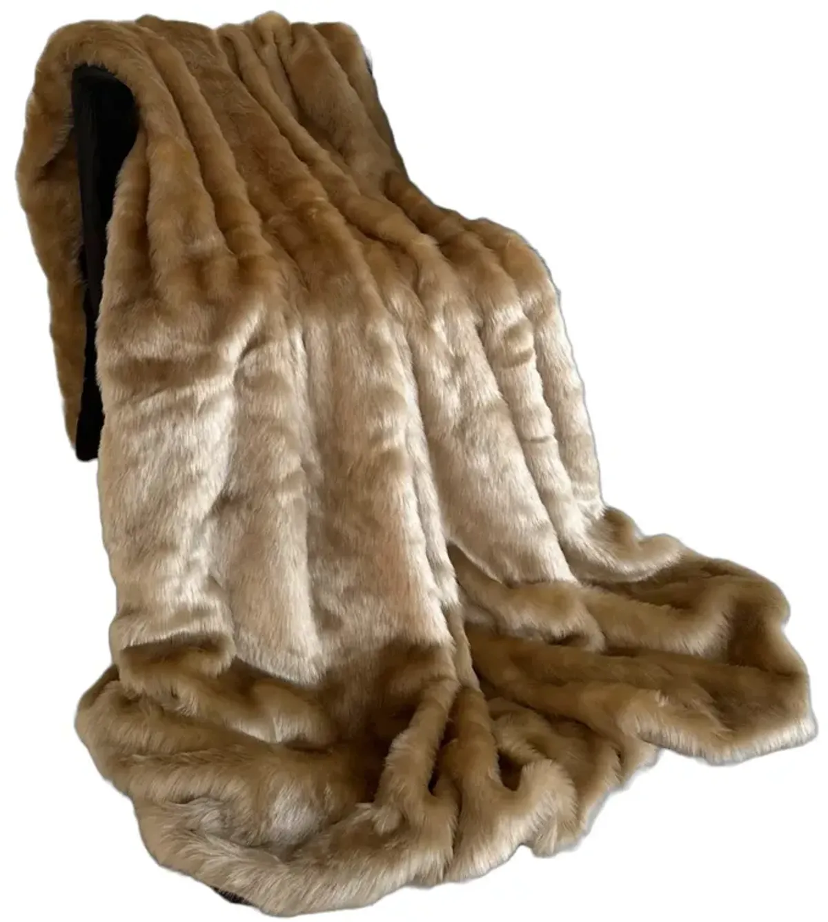 Plutus Brown Gold Rabbit Faux Fur Luxury Throw Blanket