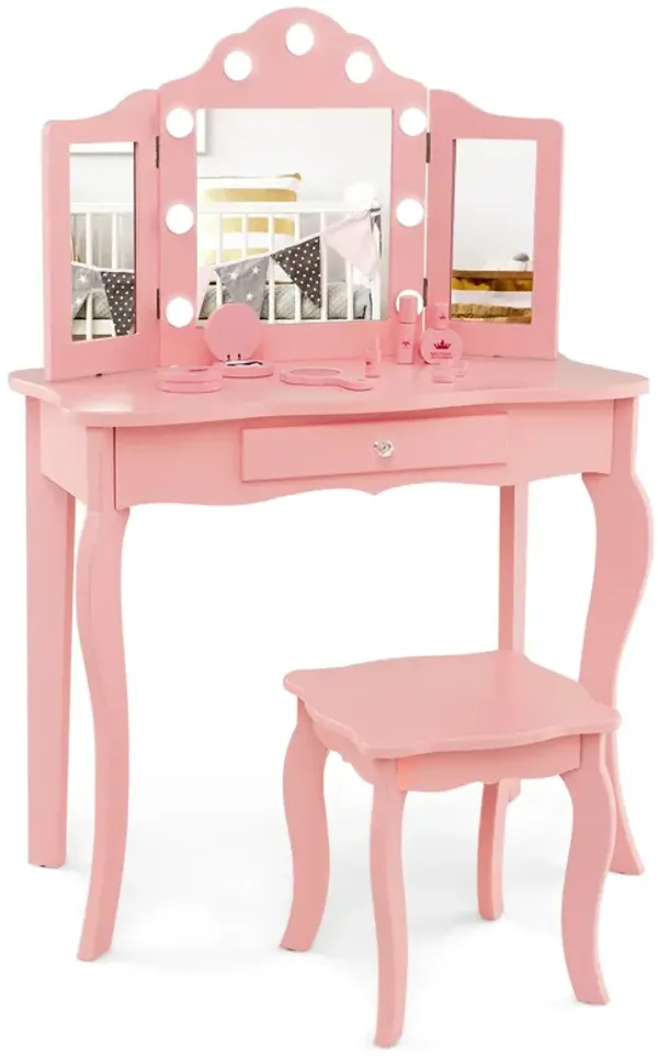 Kid Vanity Table Stool Set with Tri-Folding Mirror and 3-Color LED Lights