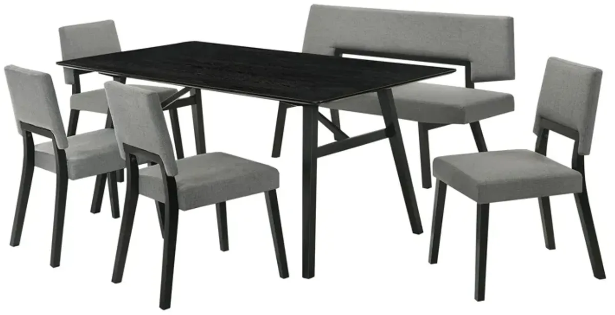 Yumi 6 Piece Dining Table Set, Chairs, Bench in Charcoal Fabric, Black - Benzara