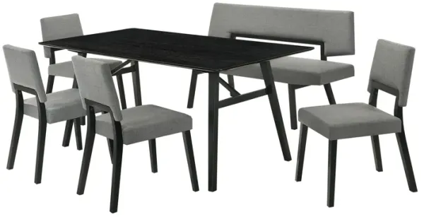 Yumi 6 Piece Dining Table Set, Chairs, Bench in Charcoal Fabric, Black - Benzara