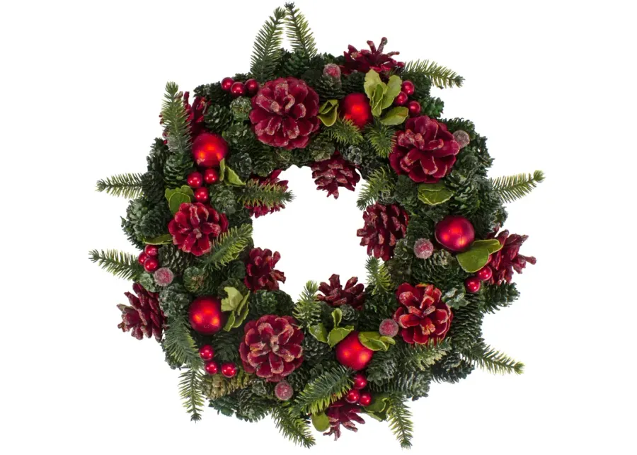 Red  Pine Cones and Ornaments Christmas Wreath  13" - Unlit