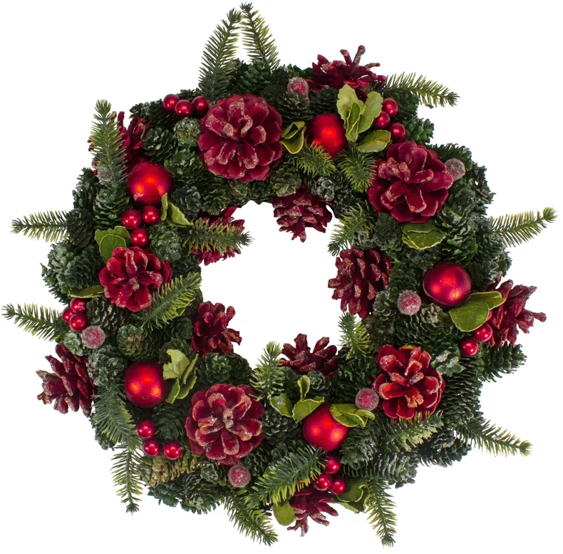 Red  Pine Cones and Ornaments Christmas Wreath  13" - Unlit